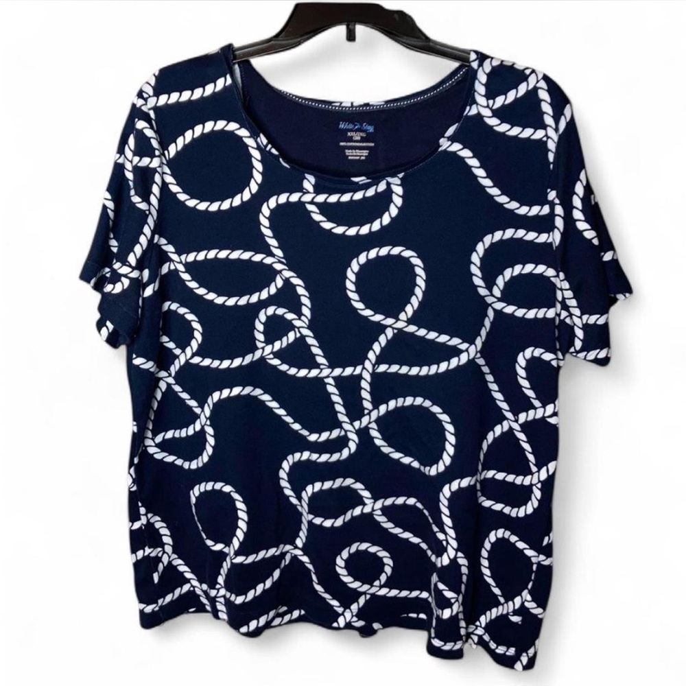 Navy Nautical Short Sleeve Top with White Rope Print